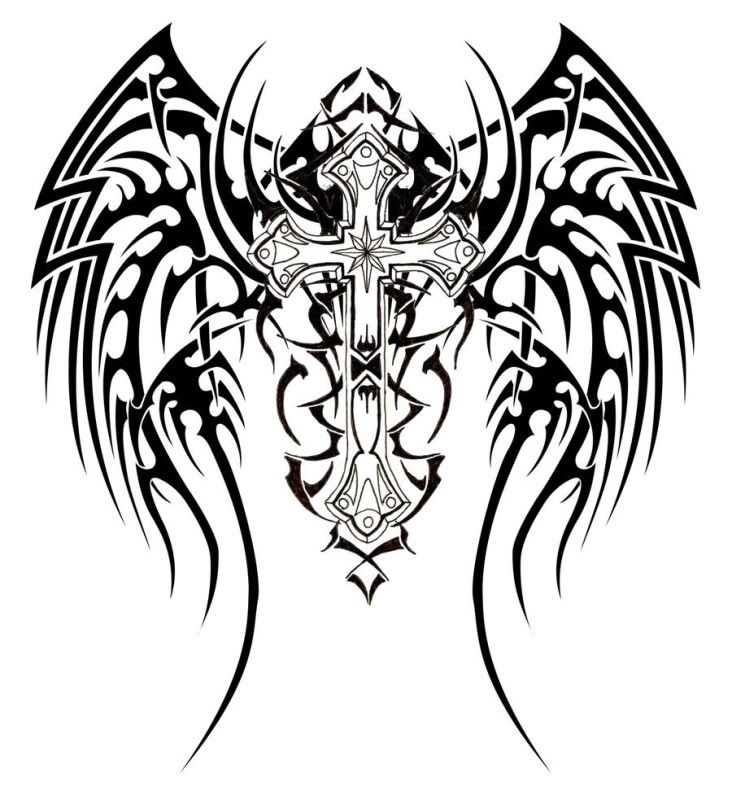 TRIBAL WINGS AND CROSS TATTOO Image