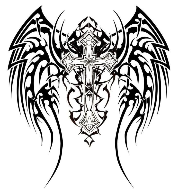 crosses tattoo designs. TRIBAL WINGS AND CROSS TATTOO