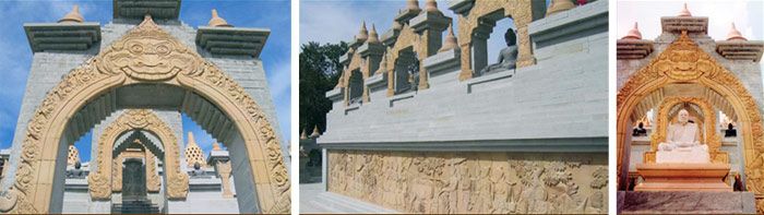 Gapura Kala-Makara (kiri), relief pada dinding selasar (tengah), rupaka Luang Pu Sri Mahavira (kanan) di Cetiya Hin Sai, Thailand.