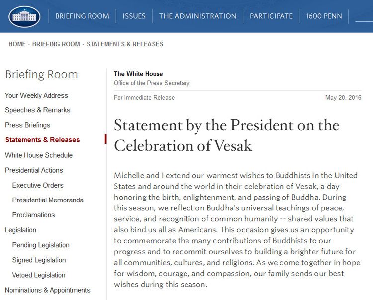 Pernyataan Presiden Amerika Serikat Barack Obama dalam rangja Perayaan Vesak 2016.