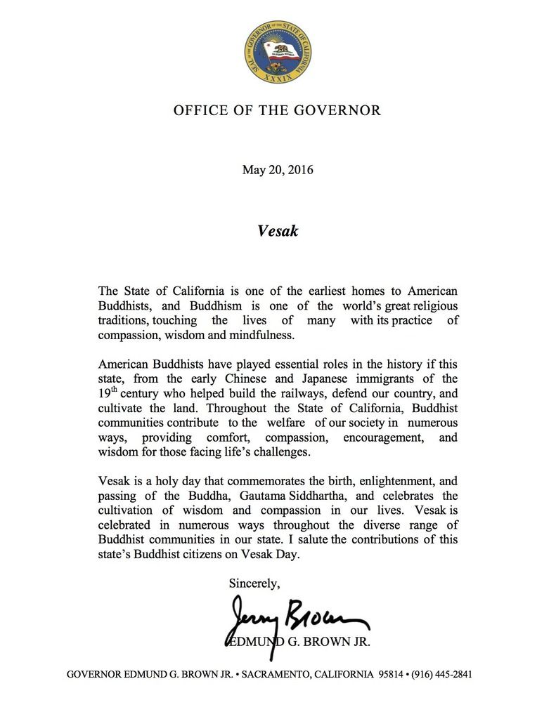 Ucapan selamat Vesak dari Gubernur California Edmund G. Brown Jr. Sbr:
