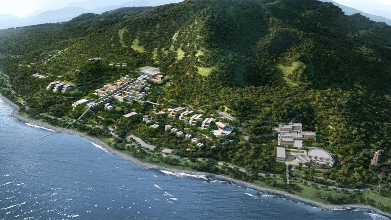 Desain ilustrasi pengembangan kompleks Akademi Buddhisme Nanhai, Provinsi Hainan, Tiongkok.
