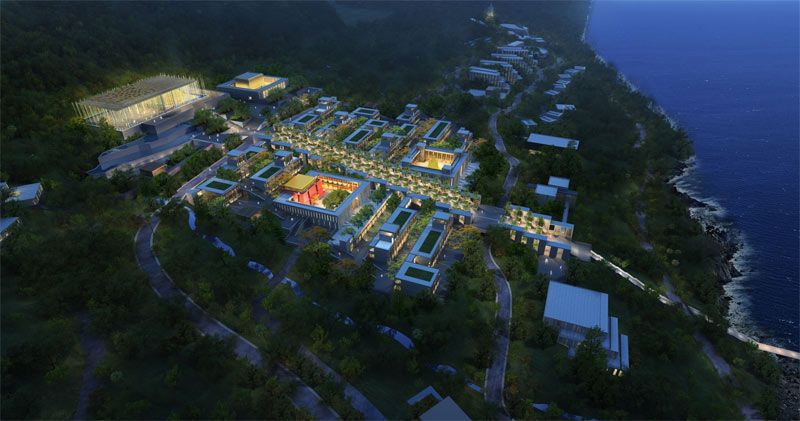 Desain ilustrasi pengembangan kompleks Akademi Buddhisme Nanhai, Provinsi Hainan, Tiongkok, saat malam.