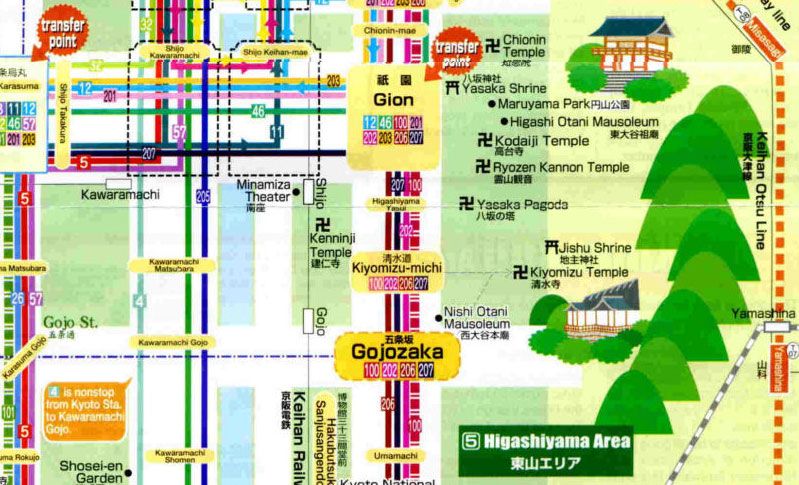 Sebagian dari peta rute bus di Kyoto menampilkan simbol swastika sebagai petunjuk letak lokasi vihara-vihara.