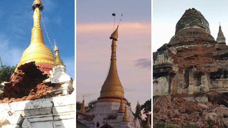 Ratusan stupa rusak akibat gempa bumi yang terjadi di Myanmar pada Rabu (24/8/2016).