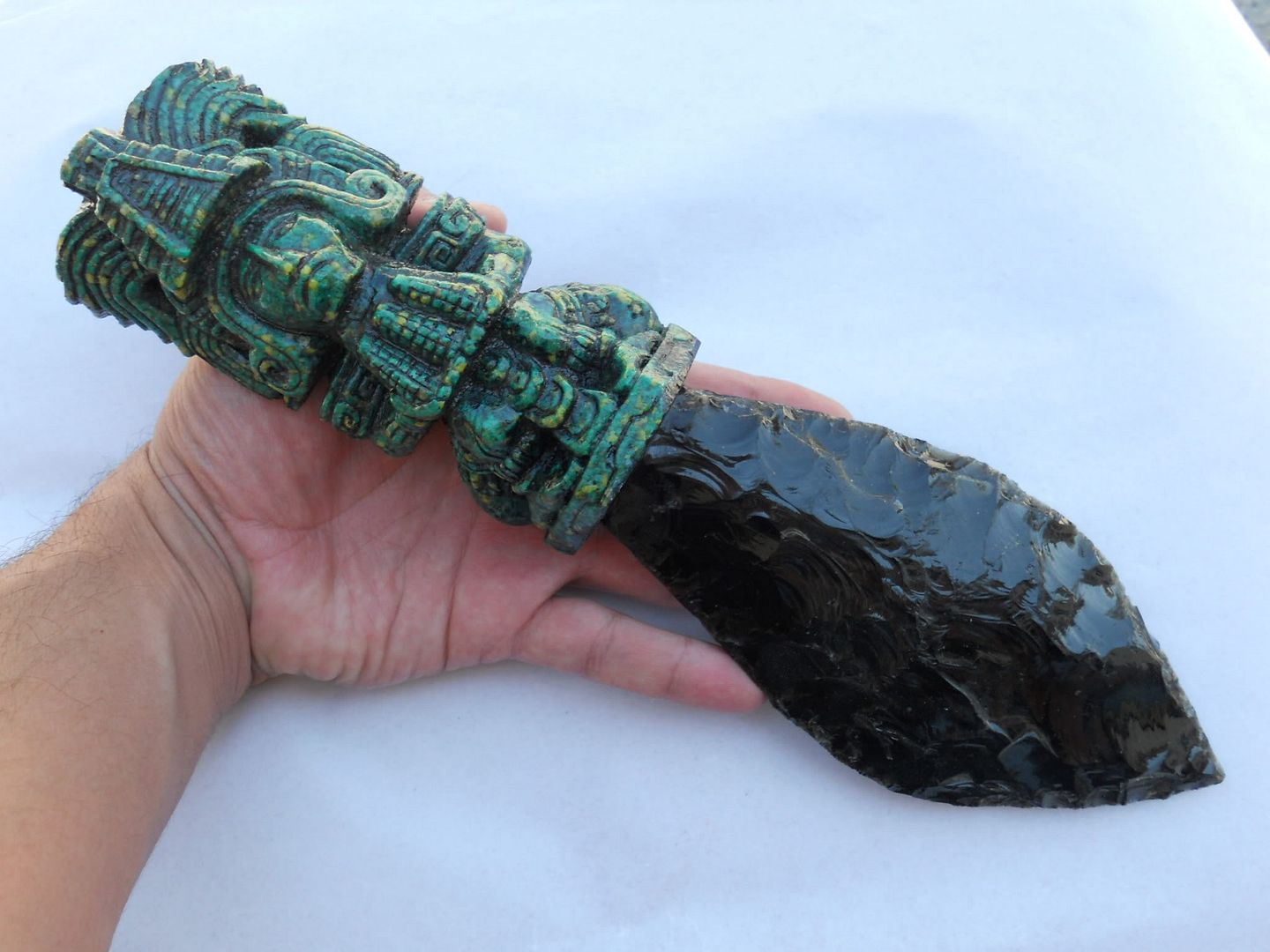 Handmade art12" Aztec Tlaloc ceremonial daggerFlint knapped obsidian