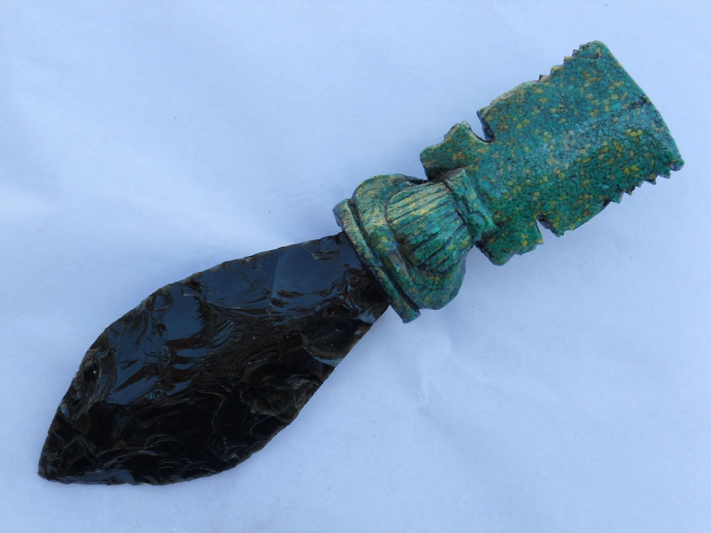 Handmade art12" Aztec Tlaloc ceremonial daggerFlint knapped obsidian