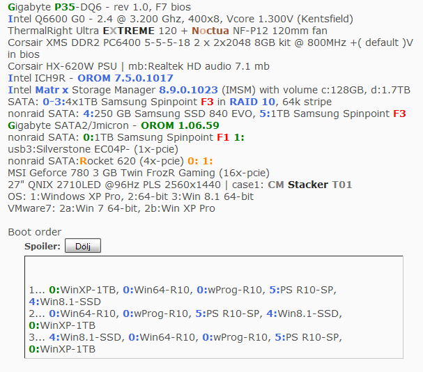 Gigabyte.. green, Intel.. blue, Highpoint Rocket.. orange, Samsung Spinpoint.. red