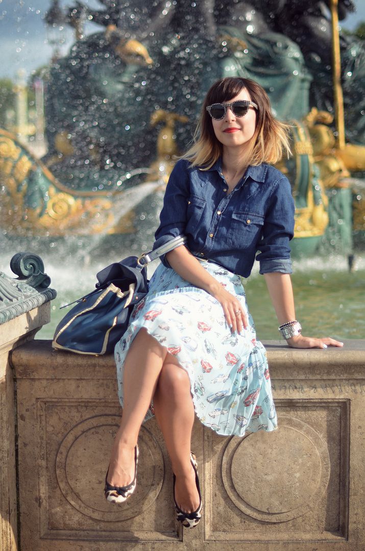 He Tought Of Cars streetstyle Valentine Paris Concorde jean shirt Primark skirt Prada like cliché sunny day foutains