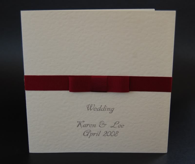 High quality cream card with grosgrain ribbon shown here in burgundy and 