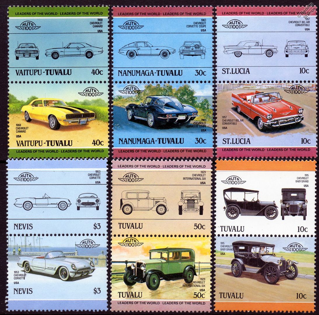 CHEVROLET Collection of 12 Car Stamps (Auto 100 / Leaders of the World